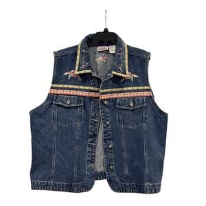 Vintage 90s Bill Blass Women’s Denim Vest Embroidered Embellished Floral 2X